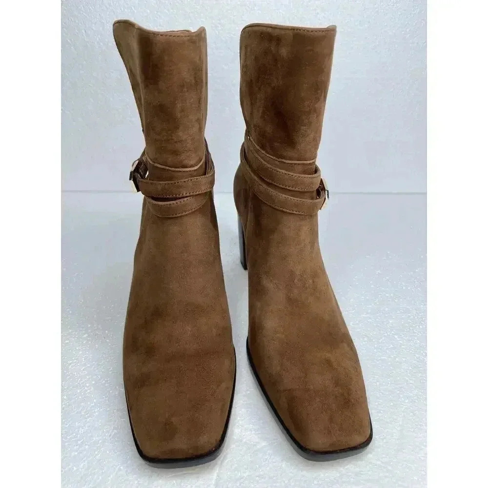 Ann Taylor Wraparound Buckle High Block Heel Suede Boots size 6 New Dark Maple - Picture 2 of 11